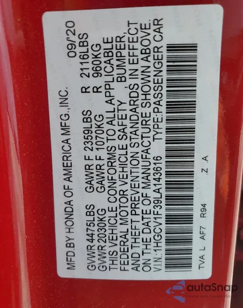 2020 Honda Accord Sport из США, поврежденный, VIN 1HGCV1F39LA143616